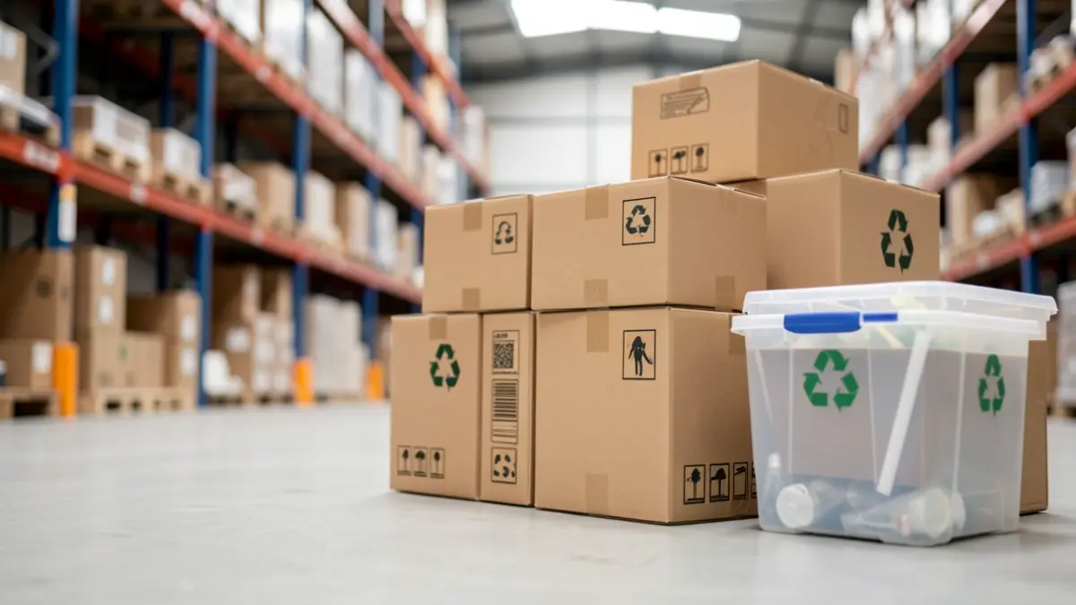 Imagen genérica de cajas de cartón y plásticos apilados para reciclaje en un almacén.