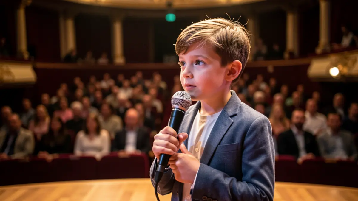 Imaxe dun neno cantando nun escenario cun público difuminado ao fondo.