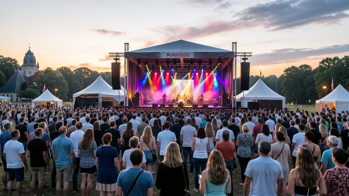Imaxe xenérica dun festival de música ao aire libre ao anoitecer, con luces de cores e público.