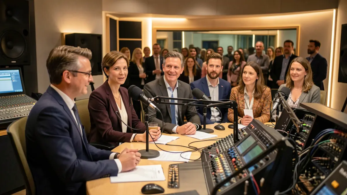 Imaxe xenérica dun estudio de gravación con xornalistas.