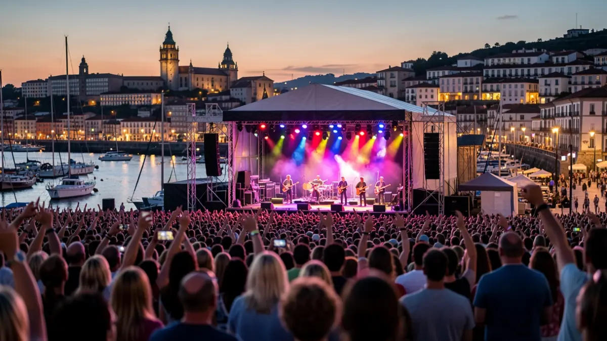 Imagen genérica de un festival de música en un puerto al atardecer, con gente y luces de la ciudad.