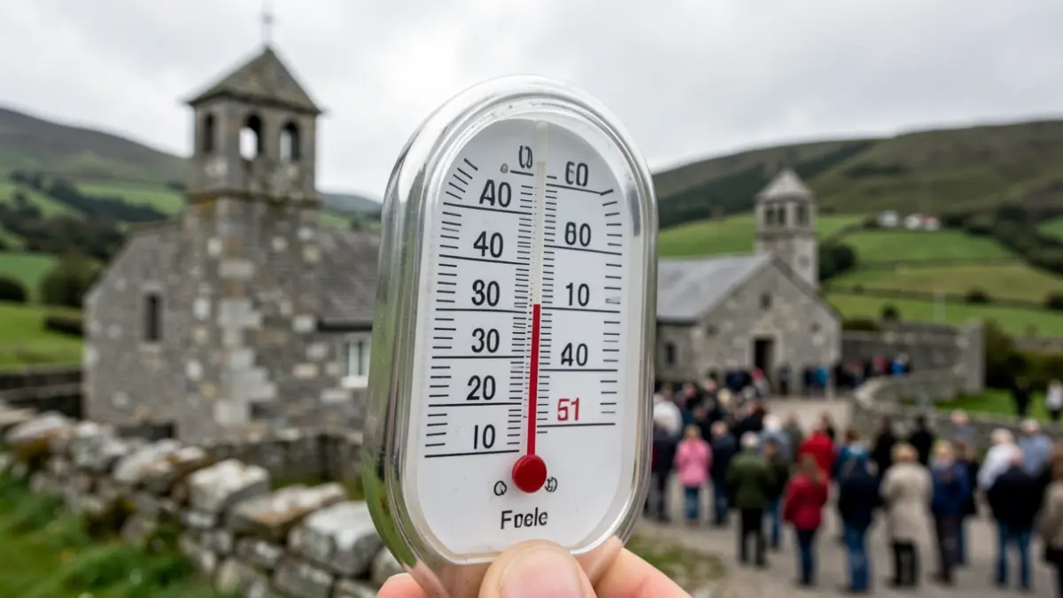 Imaxe xenérica dun termómetro cunha alta temperatura e unha paisaxe galega de fondo.