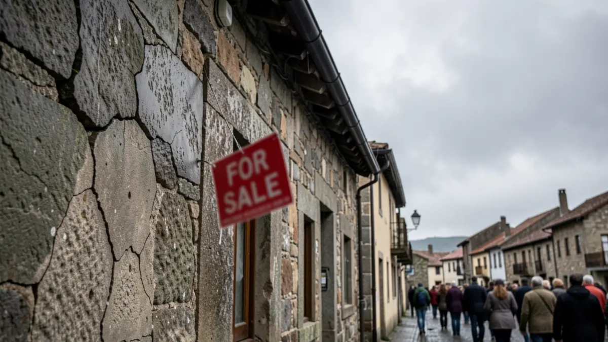 Imagen de una fachada de piedra gallega agrietada con un cartel de 'Se Vende' torcido y un cielo nublado.