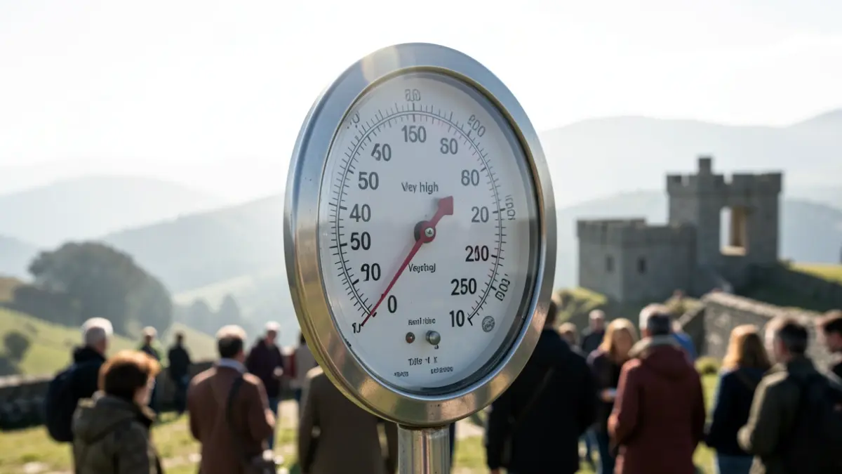 Imagen genérica de un termómetro marcando alta temperatura con un paisaje gallego ligeramente nublado al fondo.