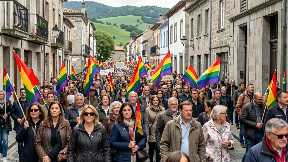 Imagen genérica de una manifestación LGTBIQ+ en Galicia con banderas arcoíris y gente marchando.