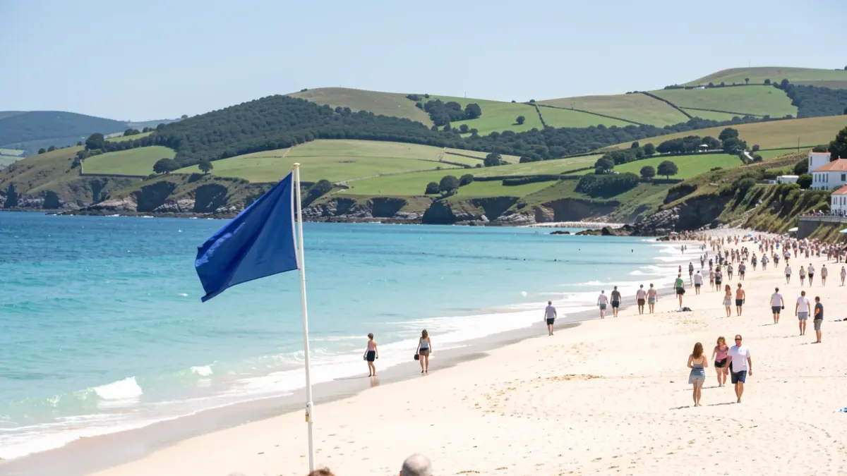 Imagen genérica de una playa gallega con la bandera azul ondeando.