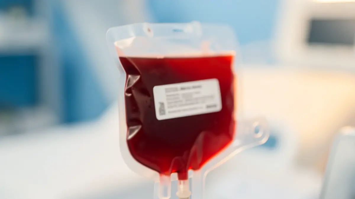 Imagen genérica de una bolsa de sangre con aguja, en un ambiente médico.