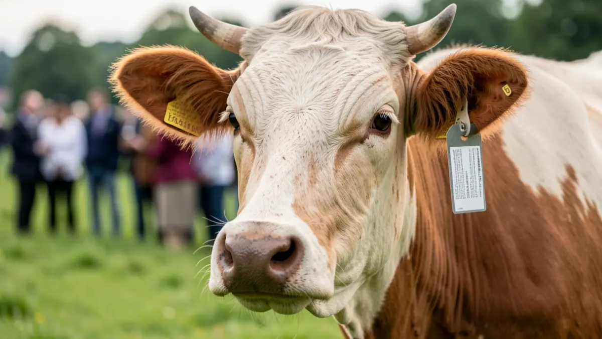Imagen de una vaca con etiqueta, fondo de pasto verde.