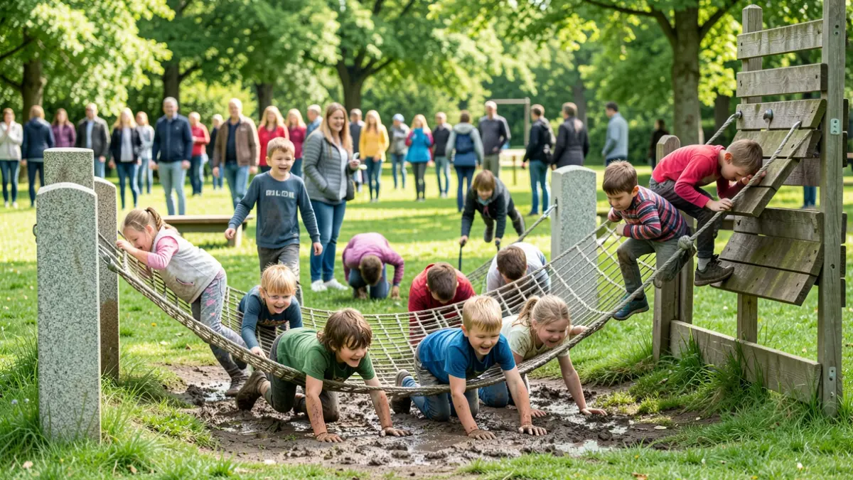 Imagen genérica de niños participando en una carrera de obstáculos con barro y elementos de madera en un parque.