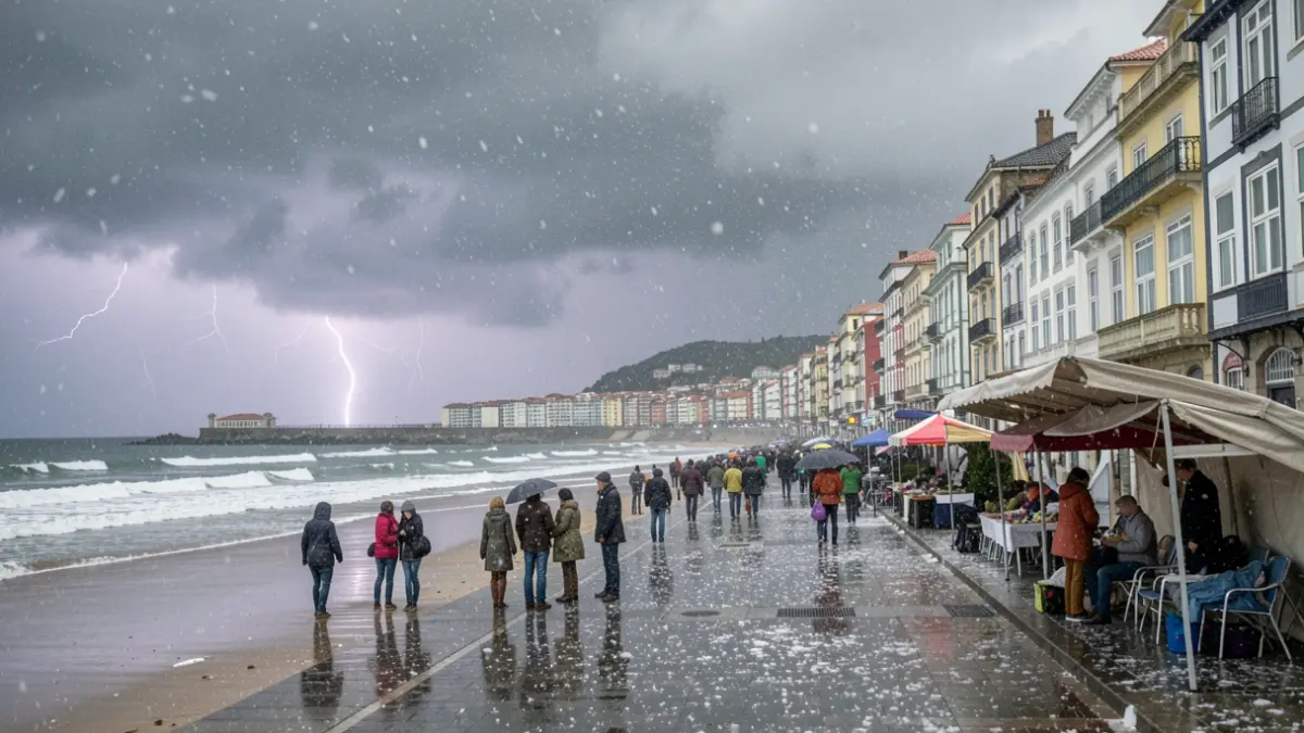 Imaxe dunha intensa tormenta de sarabia sobre A Coruña, con xente refuxiándose.