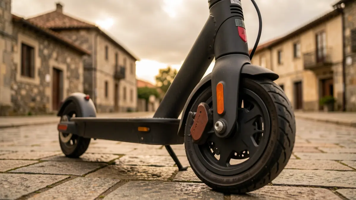 Imagen genérica de una rueda de patinete eléctrico en una calle de Galicia con arquitectura de granito.