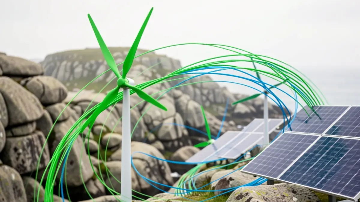Imaxe xenérica de enerxías renovables con elementos de turbinas eólicas e paneis solares sobre unha paisaxe estilizada de granito galego.