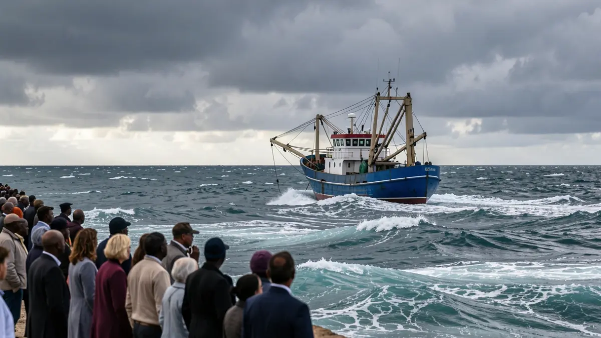 Imaxe dun buque pesqueiro en alta mar fronte á costa de África.