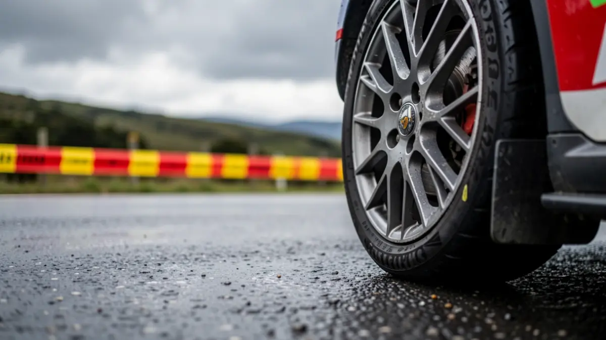 Imaxe xenérica dunha roda dun coche de rally nunha estrada asfaltada e mollada, con cintas de seguridade vermellas e amarelas borrosas ao fondo.