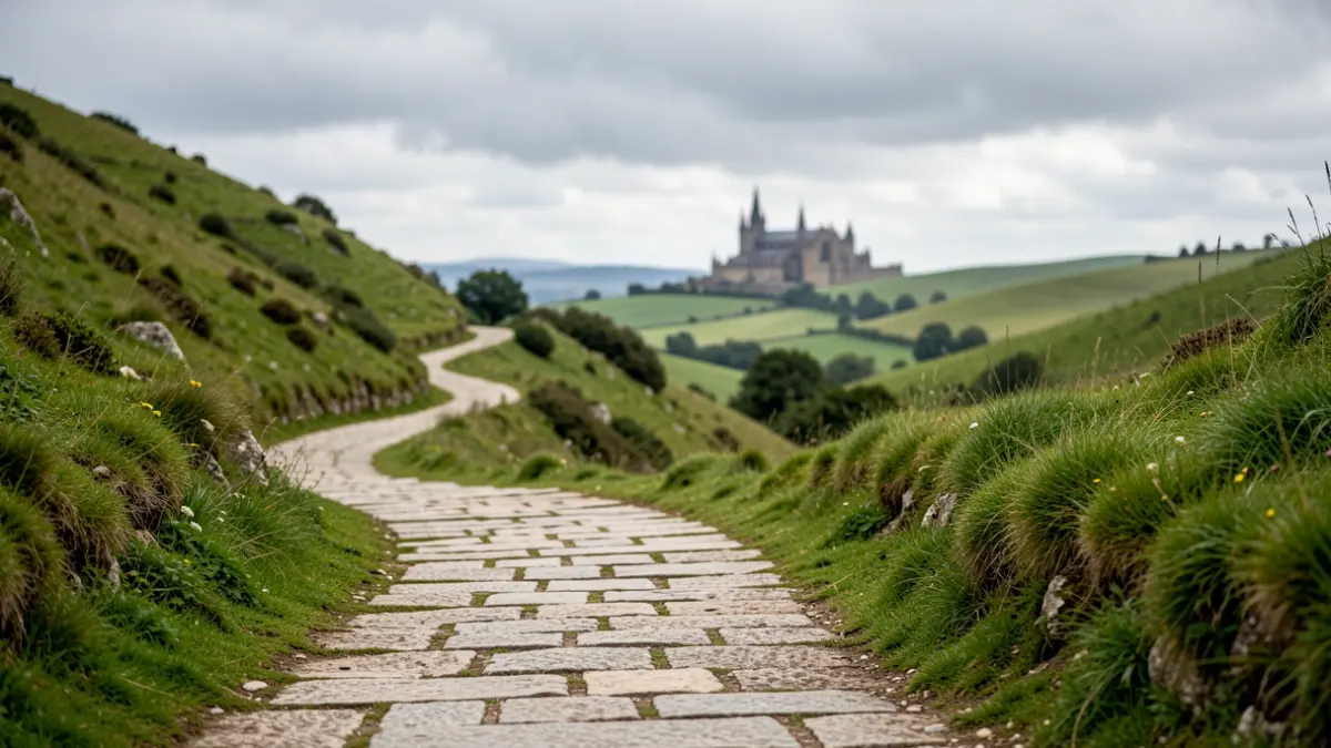 Imagen genérica de la ruta del Camino de Santiago en Galicia, con caminos de piedra y paisajes verdes.