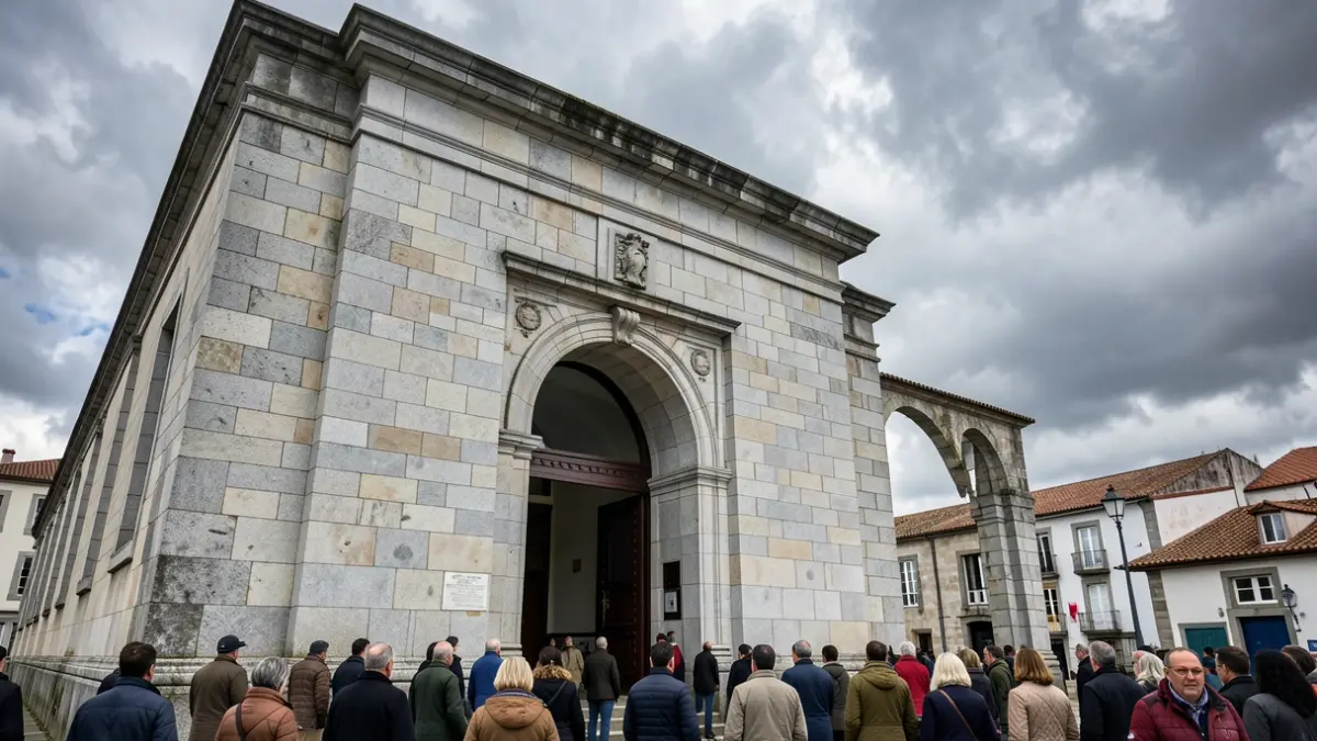 Imaxe xenérica dun edificio xudicial de granito baixo un ceo nubrado galego.