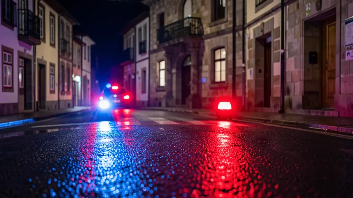 Imaxe xenérica de luces de emerxencia reflectindo nunha estrada mollada pola noite.