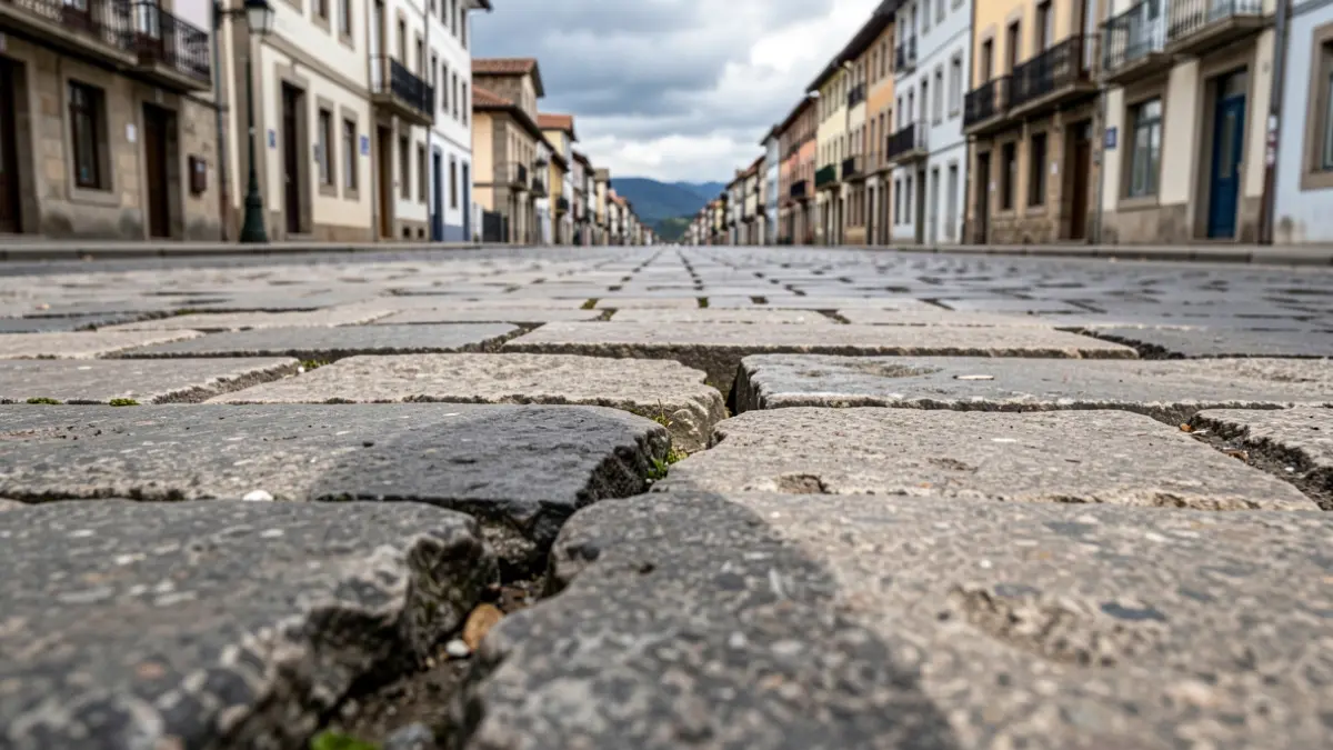 Imaxe xenérica dunha pedra do camiño levantada nunha rúa de Galicia.