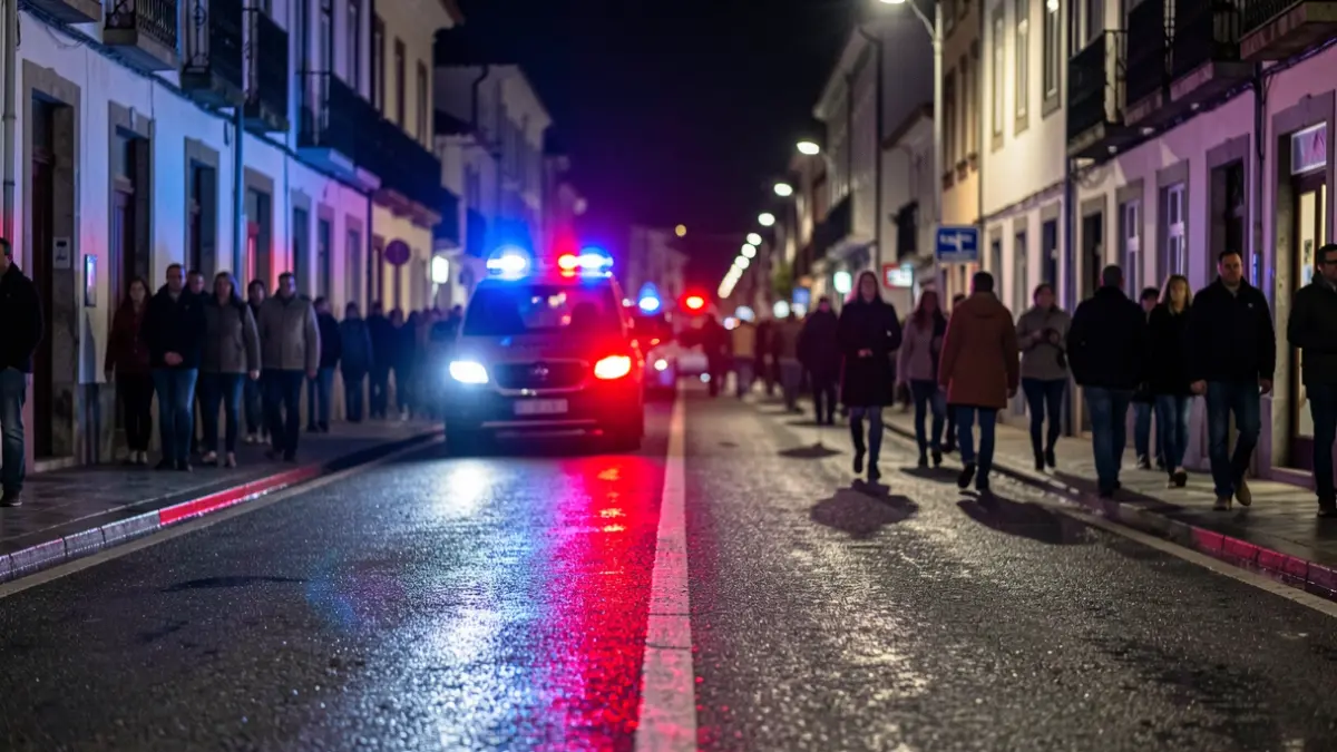 Imagen genérica de luces de emergencia azules y rojas reflejando en una calle mojada por la noche.