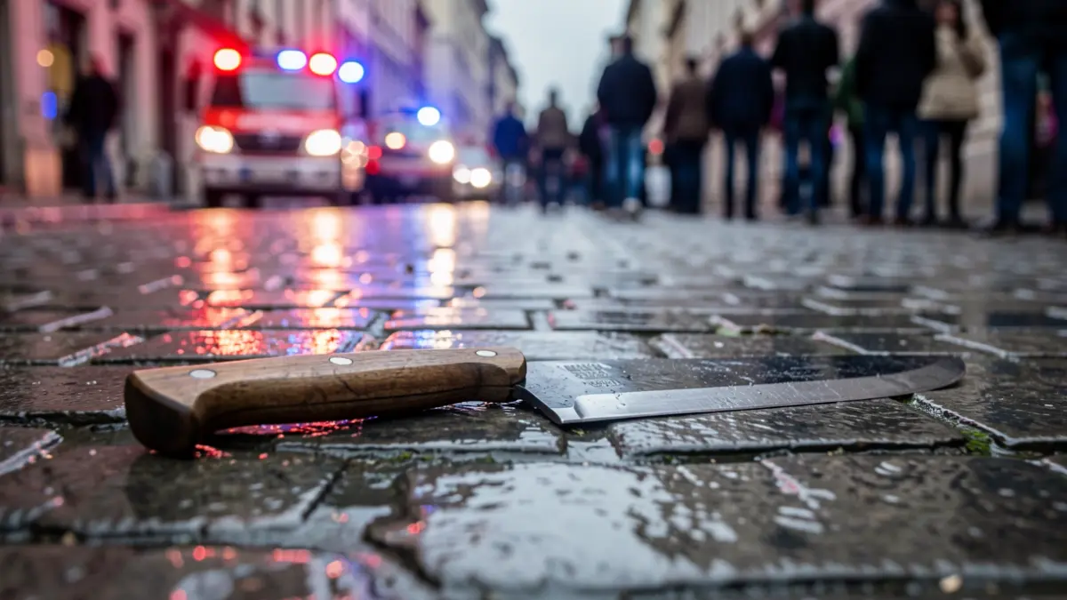 Imaxe xenérica dun machete mollado na rúa con luces de emerxencia.