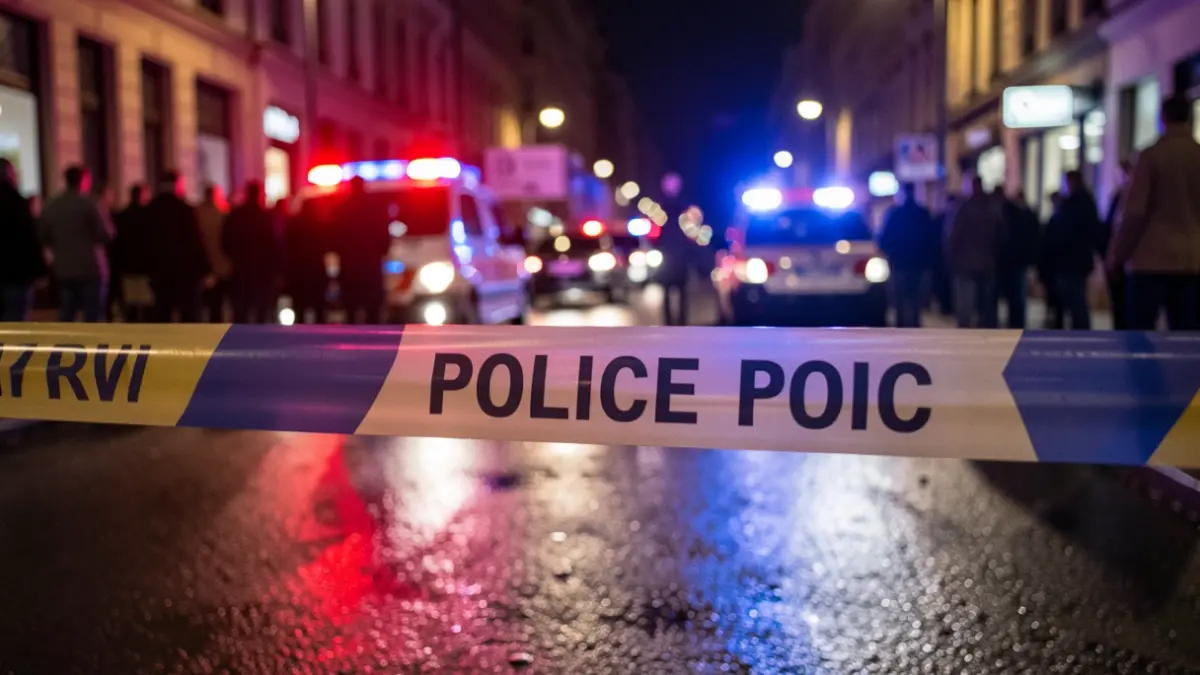 Imagen genérica de cinta policial y luces de emergencia reflejadas en una calle mojada por la noche.