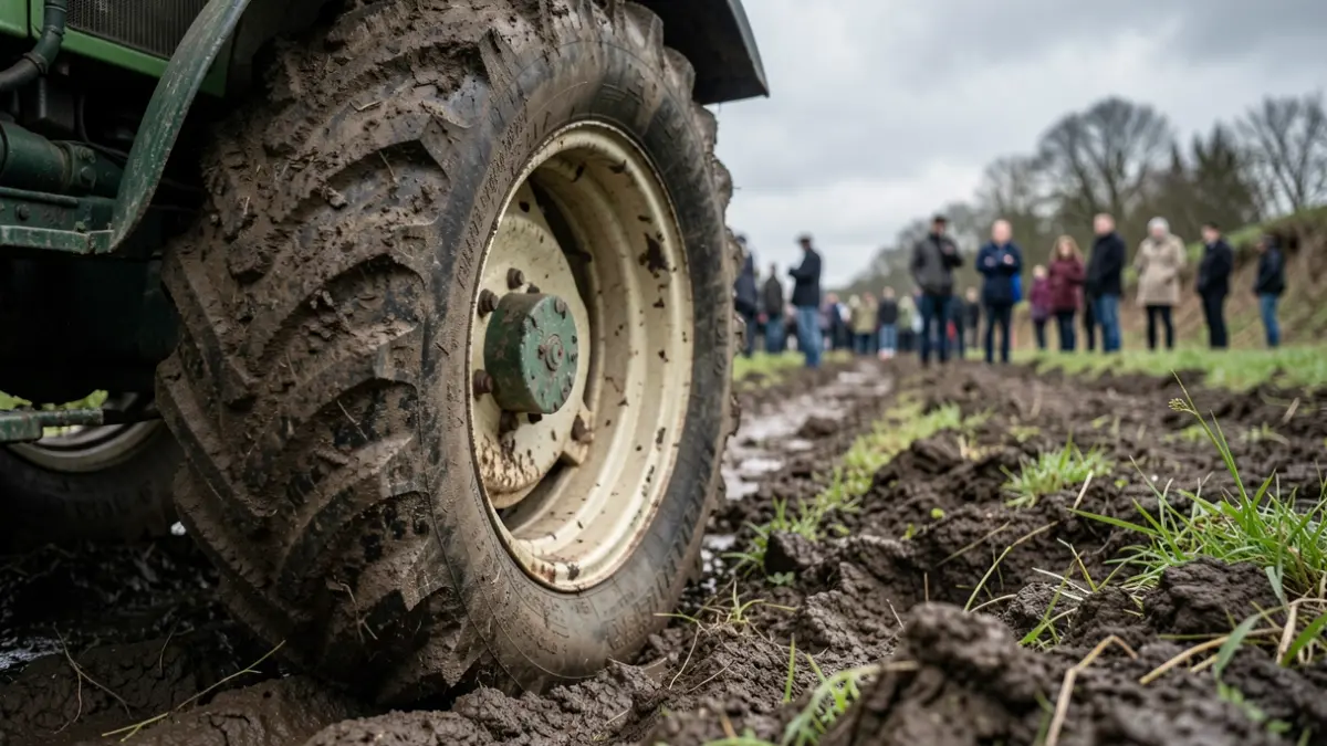 Imaxe dun tractor envorcado nunha leira en Cee.