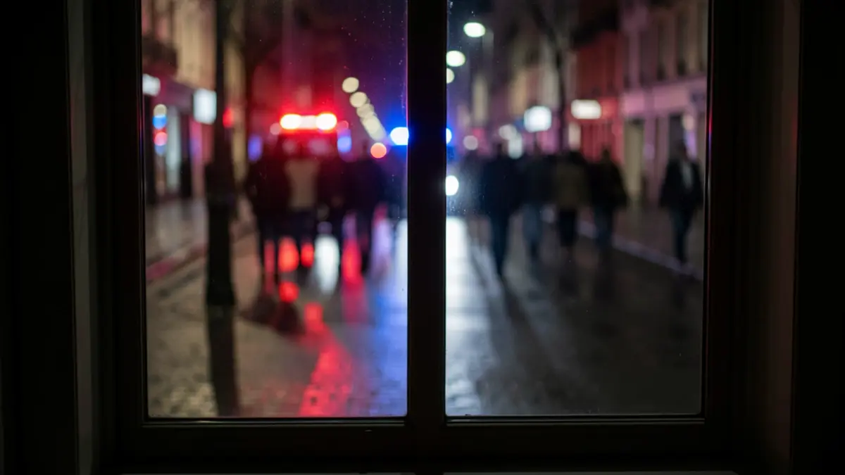 Imaxe xenérica dunha fiestra baleira pola noite con luces de emerxencia reflectidas na rúa mollada.