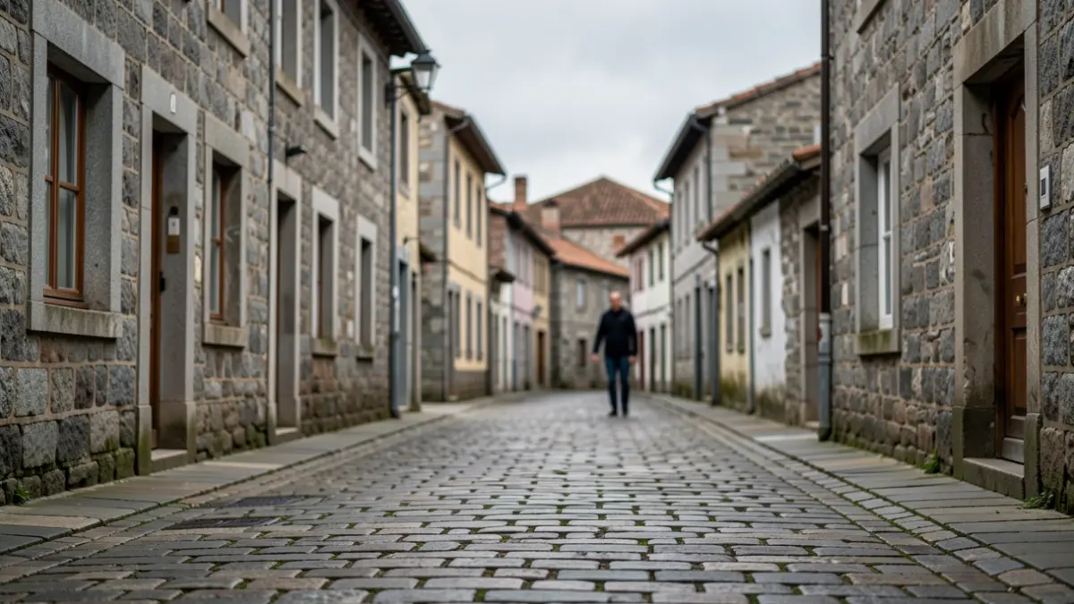 Imagen genérica de una calle de piedra en un pueblo gallego con edificios de granito y una figura borrosa al fondo.