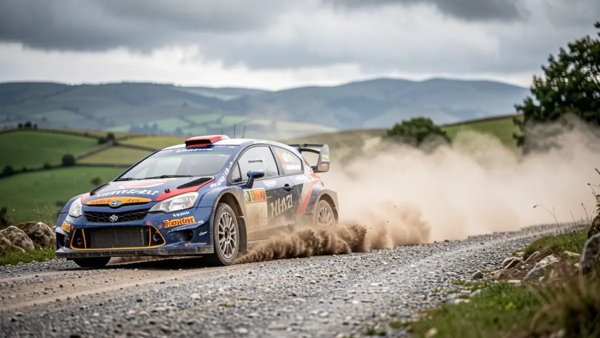 Imaxe dun coche de rally levantando po nunha estrada de grava en Galicia.