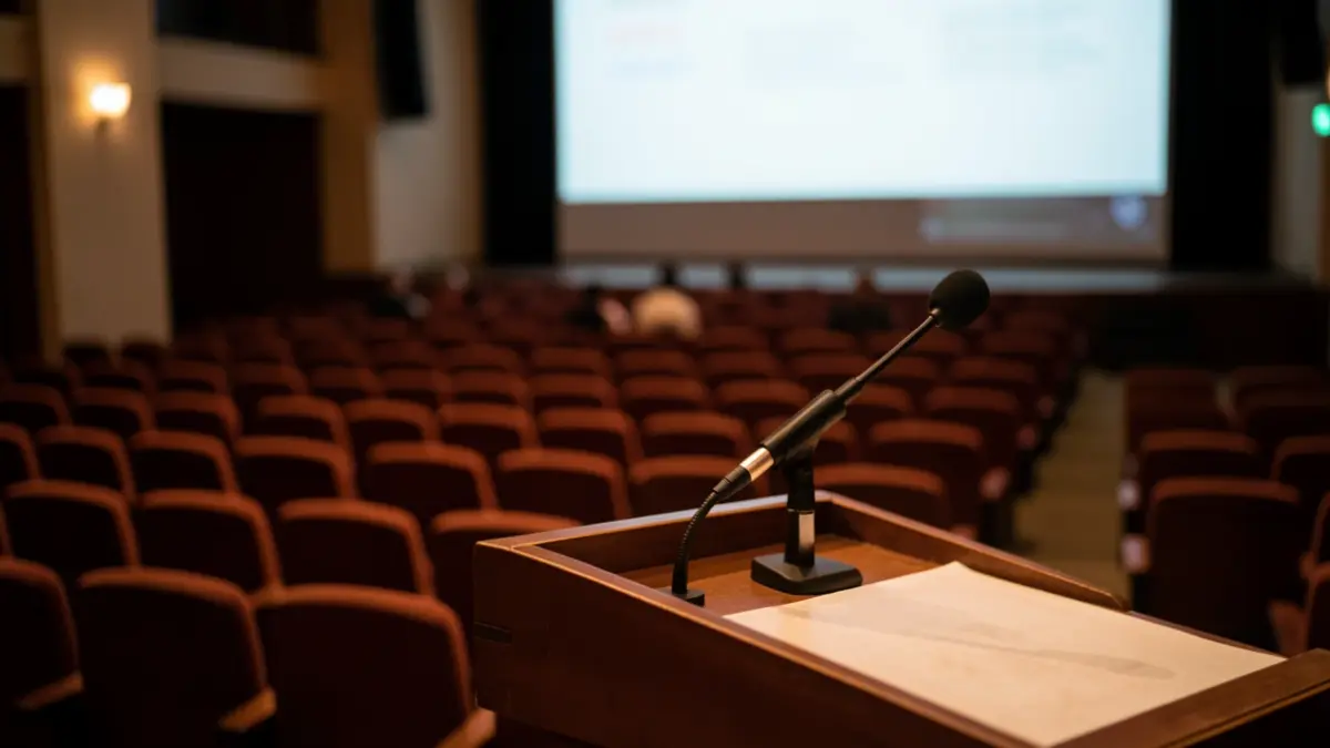 Imaxe xenérica dun auditorio baleiro con atril e micrófono.