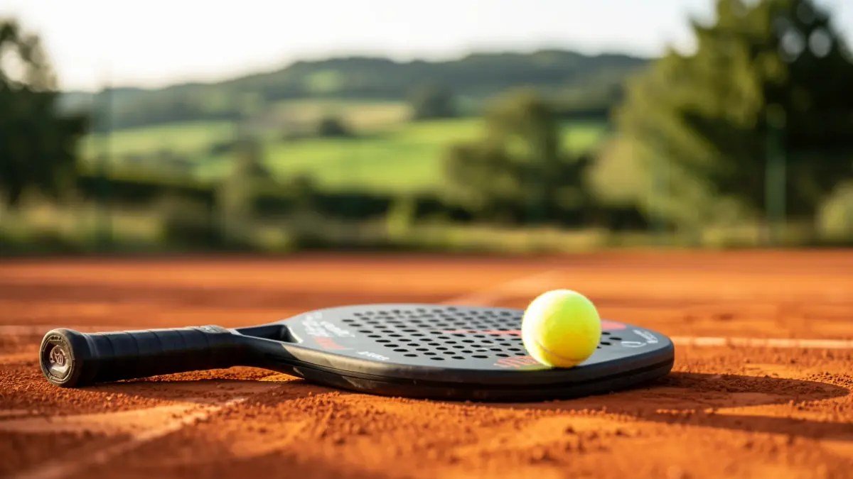 Primeira imaxe dunha raqueta e unha pelota de pádel nunha pista de terra batida.