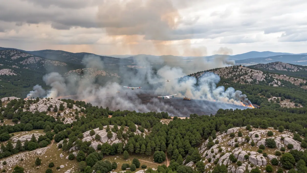 Vista aérea dun gran incendio forestal en Galicia con columnas de fume e medios de extinción.