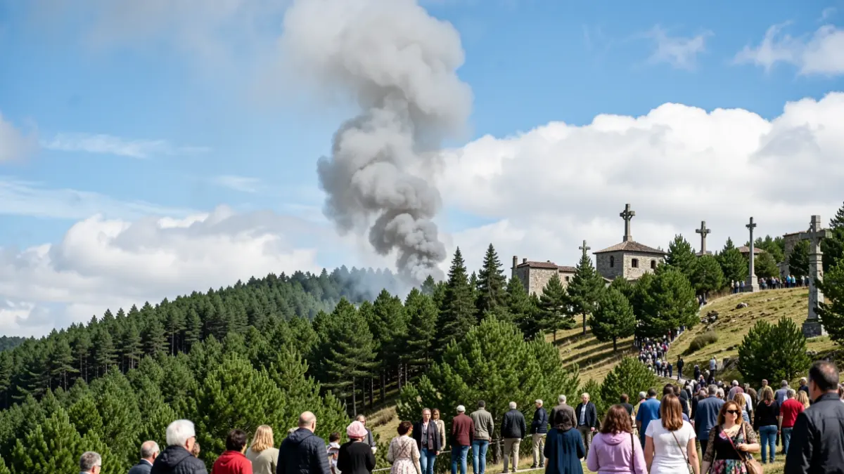 Imaxe xenérica de fume dun incendio forestal sobre un monte en Galicia.