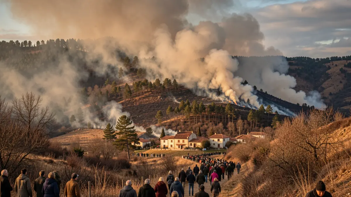 Imaxe dun incendio forestal en Galicia con fume ascendendo preto dunha pequena aldea.