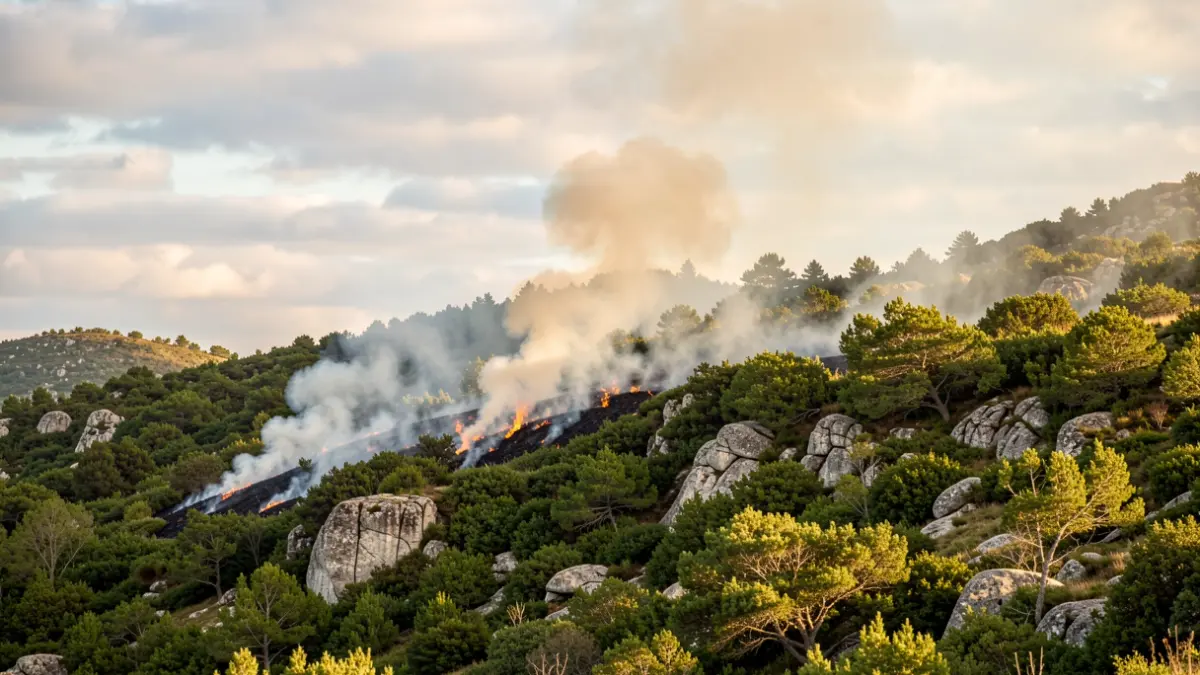 Imagen genérica de un incendio forestal controlado en Galicia, con humo ascendiendo de una ladera verde con rocas de granito.