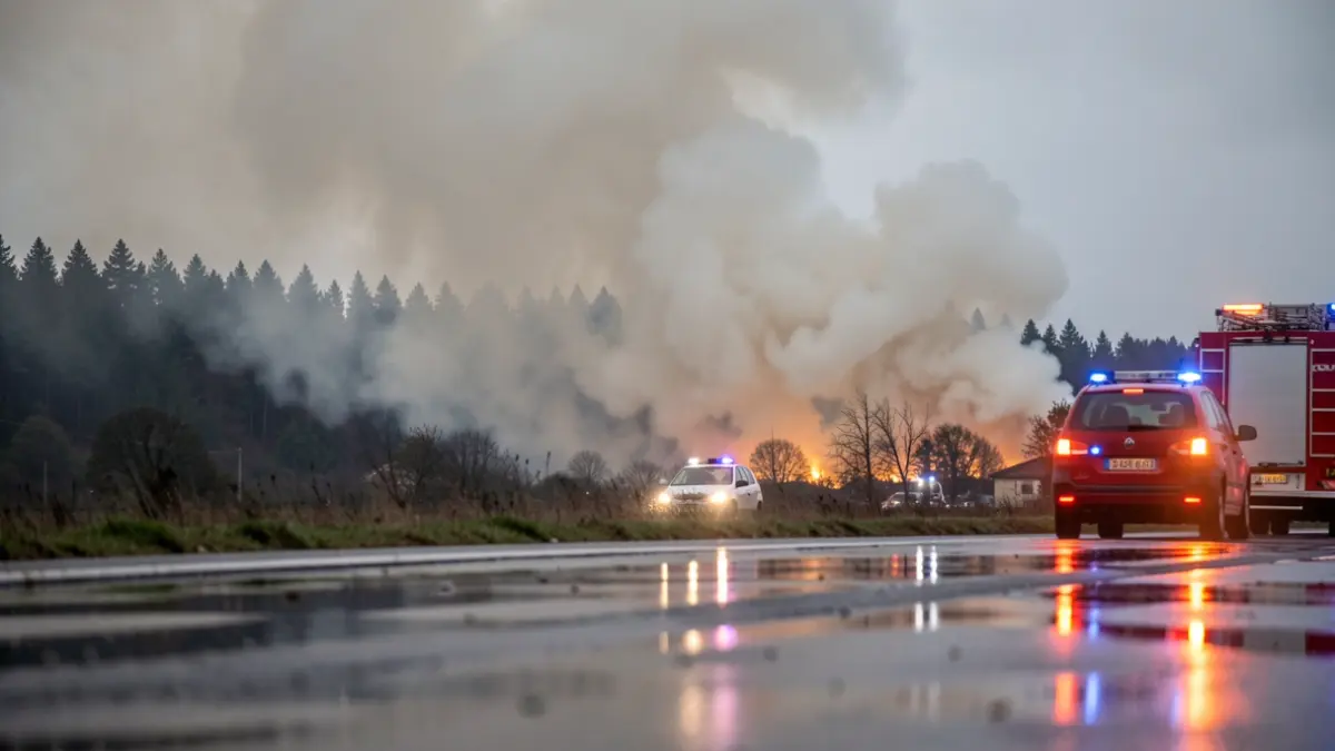 Imaxe xenérica de fume dun incendio forestal en Galicia con luces de emerxencia.