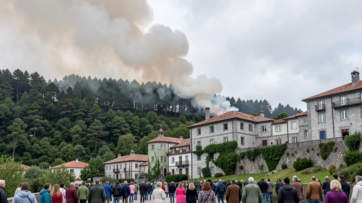 Imaxe xenérica dun incendio forestal en Galicia con fume sobre unha ladeira.