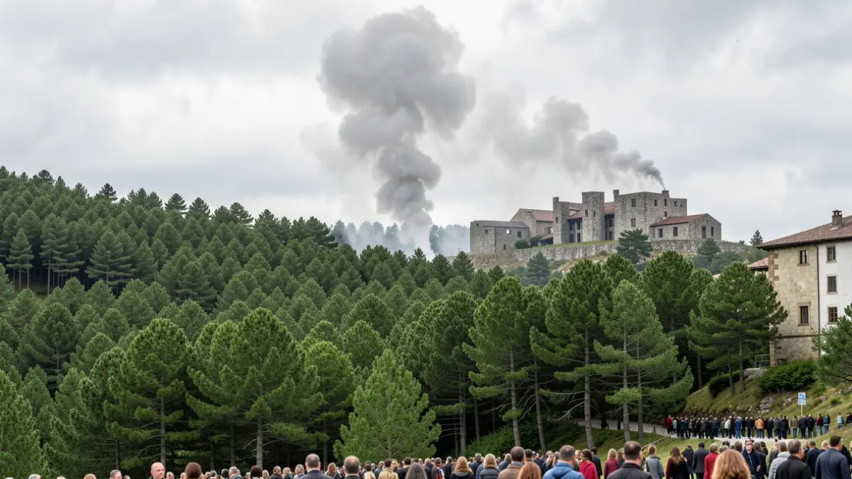 Imaxe xenérica de fume dun incendio forestal nun monte galego con arquitectura de granito.