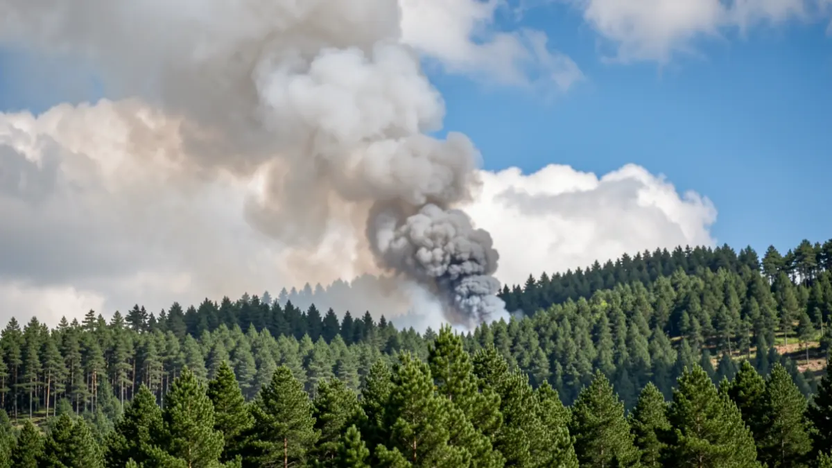 Imaxe xenérica de fume dun incendio forestal sobre unha ladeira de piñeiros en Galicia.