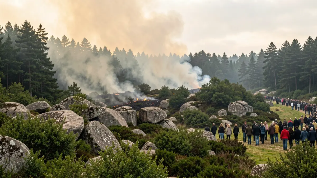 Imaxe xenérica de incendio forestal en paisaxe galega con fume ascendendo ao ceo.
