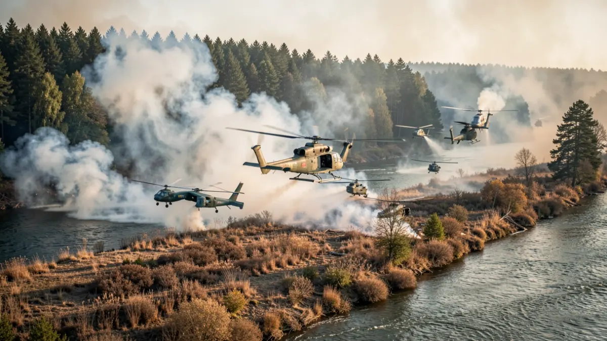 Imaxe xenérica de múltiples helicópteros e un avión loitando contra un gran incendio forestal ao longo da beira dun río, con fume elevándose cara ao ceo.
