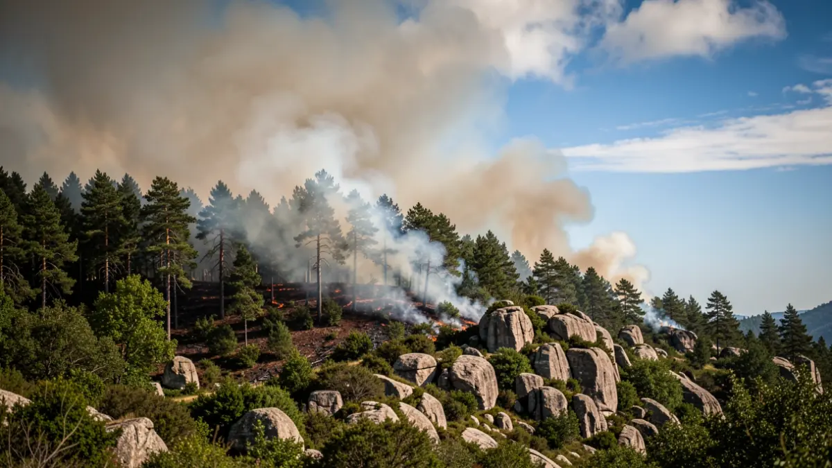 Imaxe xenérica dun incendio forestal nunha ladeira galega con fume, rochas de granito e vexetación verde.