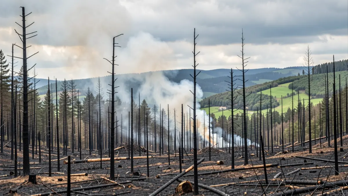 Imagen genérica de incendio forestal en Galicia con árboles calcinados y humo.