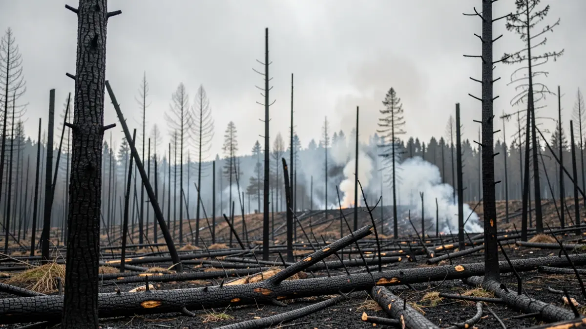 Imaxe xenérica de incendio forestal en Galicia, con árbores calcinadas e fume.