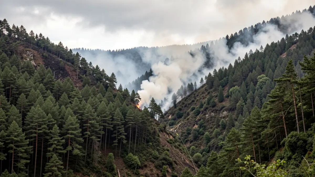 Imaxe xenérica de incendio forestal nunha zona de vexetación densa e orografía complicada.