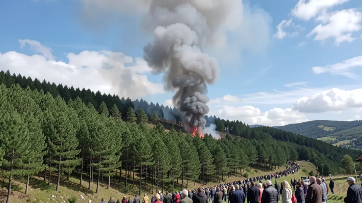 Imaxe xenérica dunha columna de fume dun incendio forestal sobre unha ladeira de monte galego.