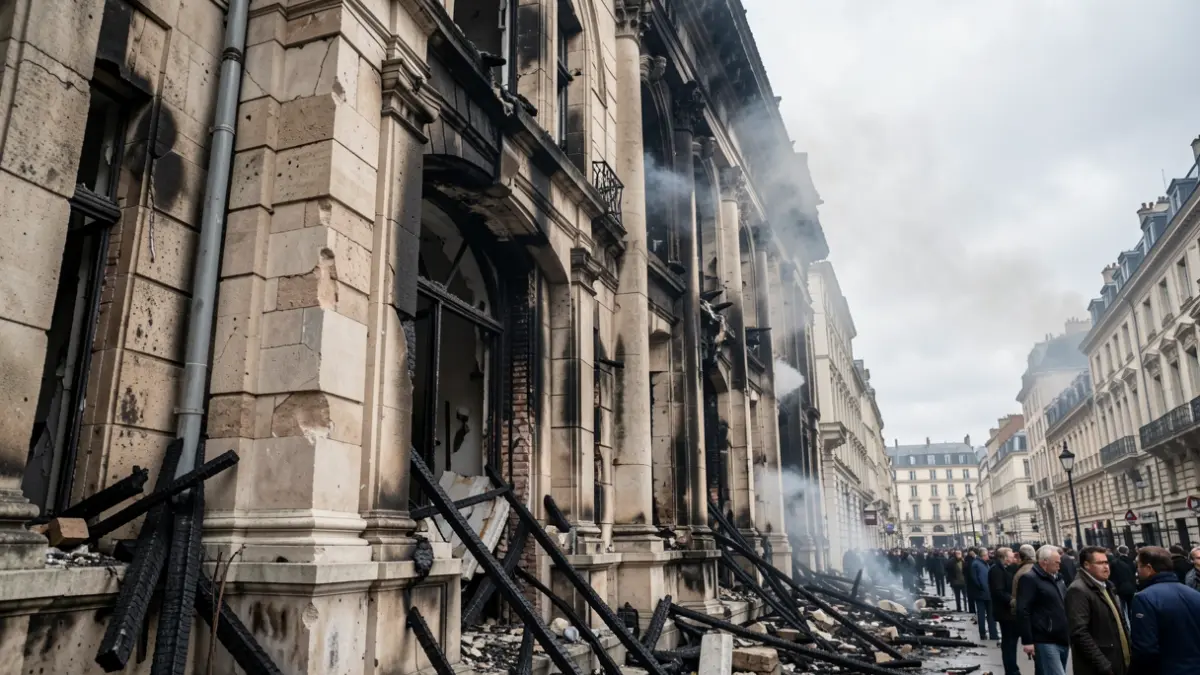 Imaxe dun edificio de pedra danado por un incendio en Ourense.
