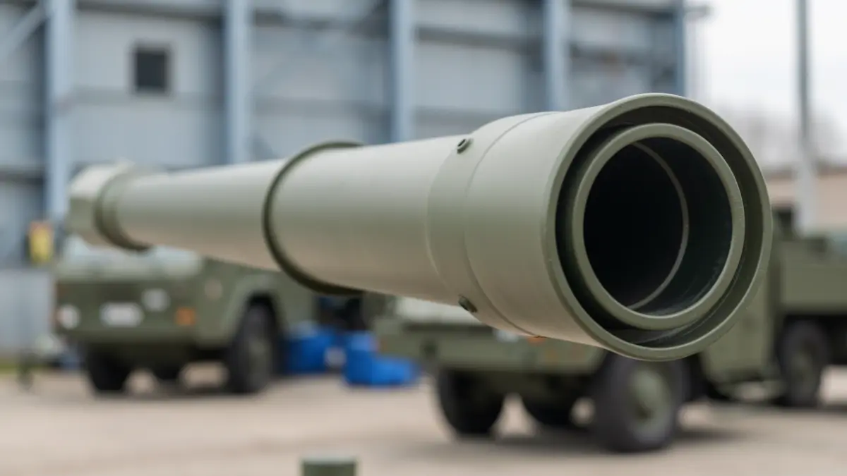 Primer plano de un cañón de artillería moderno con un fondo industrial difuminado, simbolizando tecnología y fabricación de defensa.