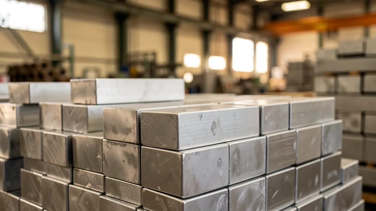 Imaxe xenérica de lingotes de aluminio nun entorno industrial.