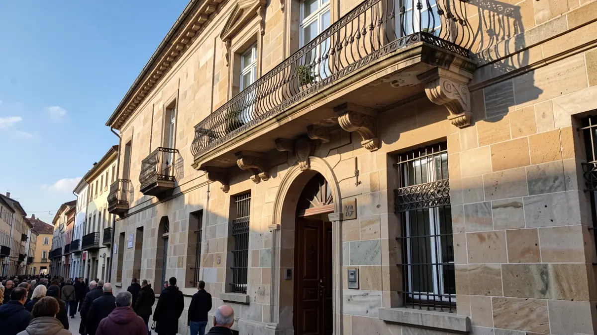 Imagen genérica de una fachada de ayuntamiento gallego de piedra con balcón ornamentado y barandillas de hierro, cálida luz solar de la tarde.